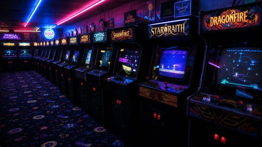 Arcade ’87 mood picture: an empty neon arcade